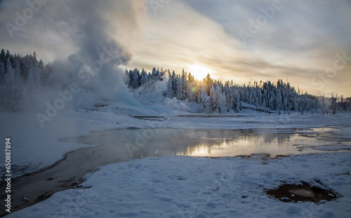 sunset over the river in winter