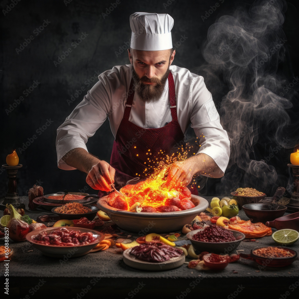 chef with a beard and apron cooking on a wooden table with a black background in high resolution and sharpness chef with a beard and apron cooking on a wooden table with a black background in high resolution and sharpness