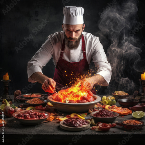 chef with a beard and apron cooking on a wooden table with a black background in high resolution and sharpness