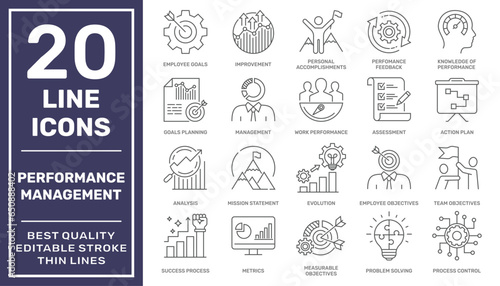 Set of Performance Management Related Vector Line Icons. Contains such Icons as Inspector, Personal Quality, Employee Management and more. Editable Stroke. EPS 10