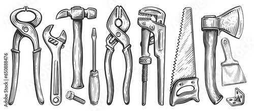 Set of tools for construction or repair work. Hand drawn sketch illustration