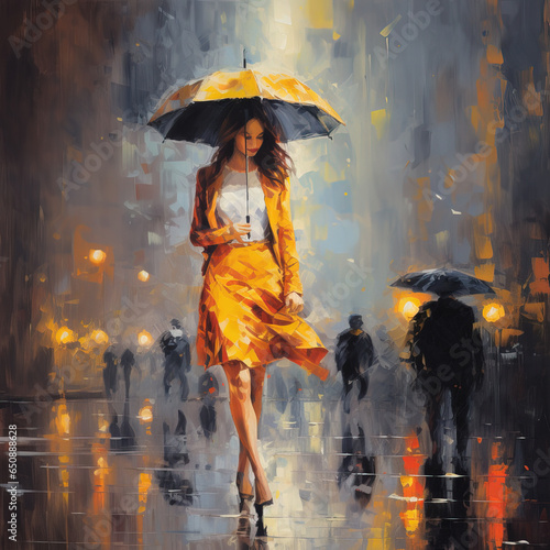 Elegant woman alone walking in the rain with a colorful umbrella - Oil Painting - Rainy Day © Claudiu
