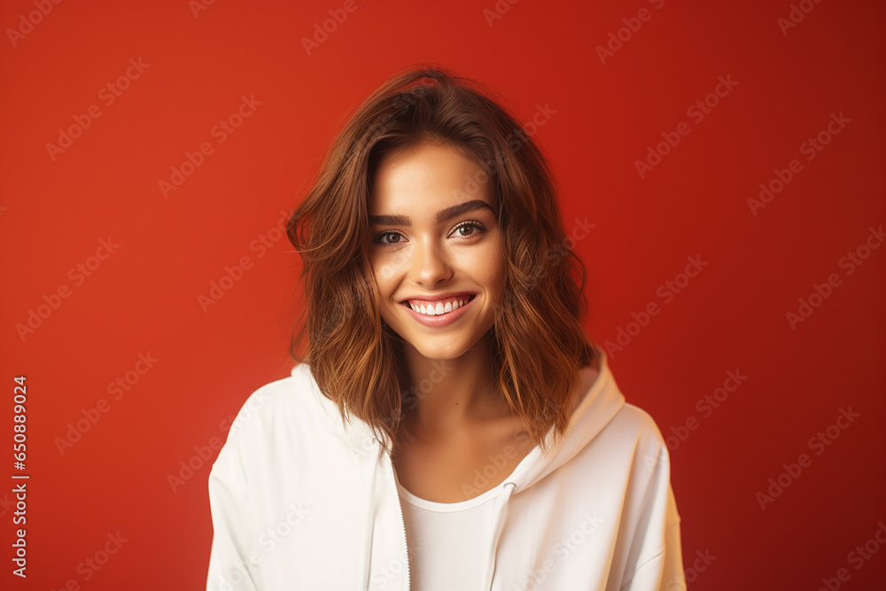 A stylish lady with vibrant multitude of red color fashion accessories, takes center stage in a close-up portrait against a lively background. Generative AI. A stylish lady with vibrant multitude of red color fashion accessories, takes center stage in a close-up portrait against a lively background. Generative AI.