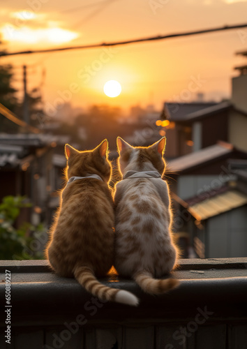 Two kittens on their backs enjoying the sunset in the late afternoon. Cats looking at the street in the house window under sunset. Cute kittens on their backs.