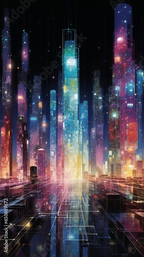 A vibrant and futuristic cityscape with mesmerizing neon lights and towering skyscrapers