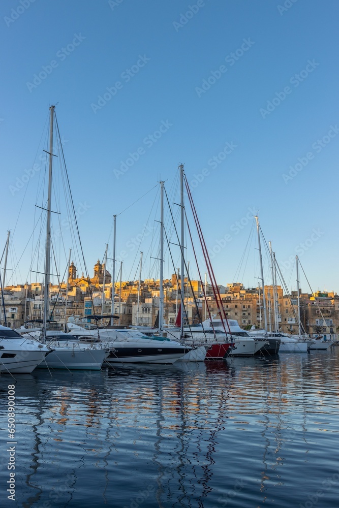 Ships docked at the Vittoriosa Yacht Marina in the morning in Malta