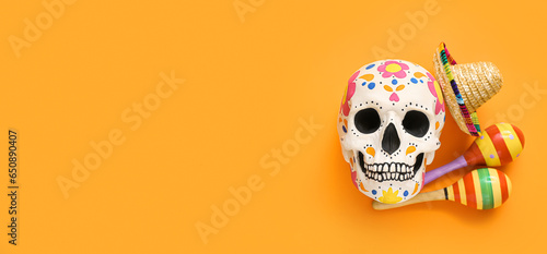 Canvas Print Painted skull for Mexico's Day of the Dead (El Dia de Muertos), sombrero and mar