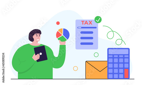 Tax calculation concept. Accounting and Financial Management Concept. Making income tax return and calculating business invoices. Flat Cartoon Illustration