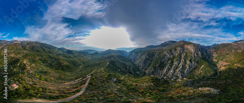 360 aerial view over the famous Ridomo gorge in mountainous Mani area in Messenia, Peloponnese, Greece