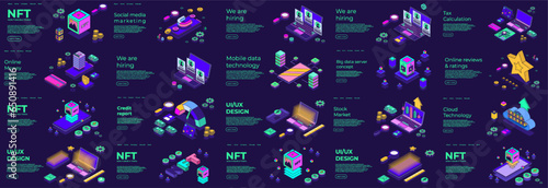 Different isometric scene. Digital 3d device. Nft, credit report, cloud technology, online banking, mobile data, online review, ui ux dedign, we are hiring. Vector illustration concept