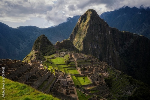 Aerial view of the ancient Inca city of Machu Picchu in the Cusco Region of Peru