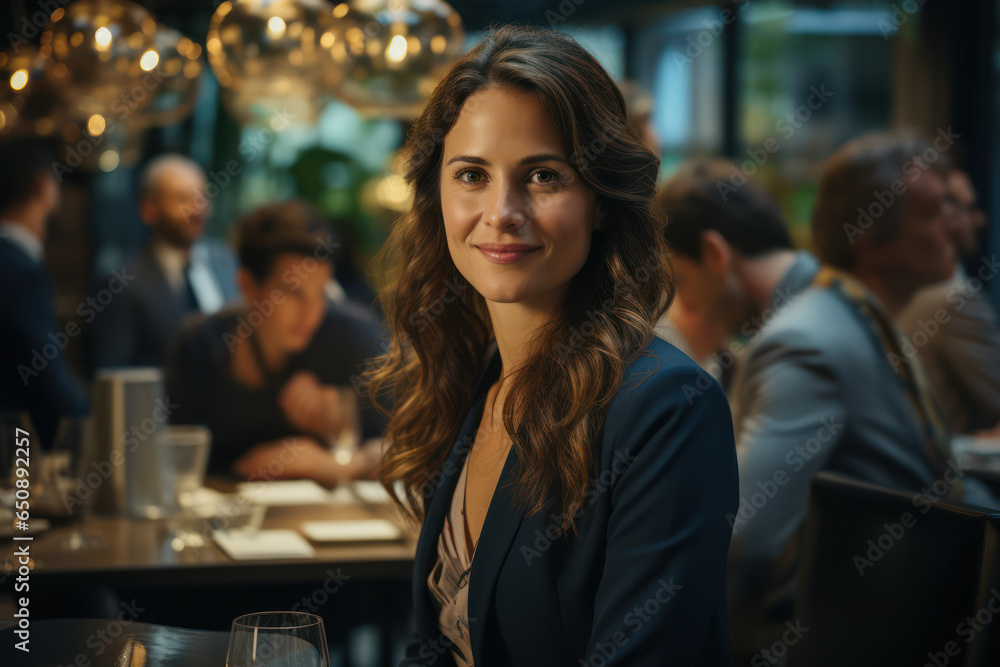 A mature businesswoman leads a discussion with her team in an office. Generative AI. A mature businesswoman leads a discussion with her team in an office. Generative AI.