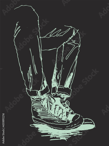 Vector free hand drawing illustration of a pair of male feet wearing canvas shoes