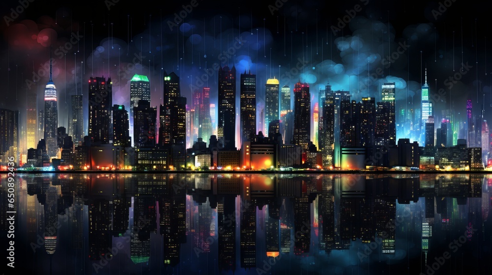 A vibrant city skyline reflected in calm waters at night A vibrant city skyline reflected in calm waters at night