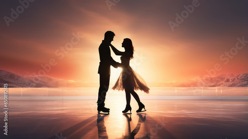 Silhouettes Male and female figure skaters performing, holding hands on the background of an empty street rink. 