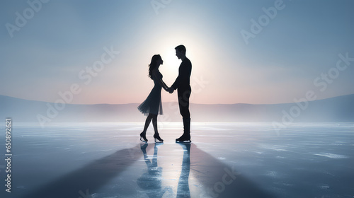 Silhouettes Male and female figure skaters performing, holding hands on the background of an empty street rink. 