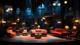 home interior theater set with scenic elements, theatrical lighting and furniture
