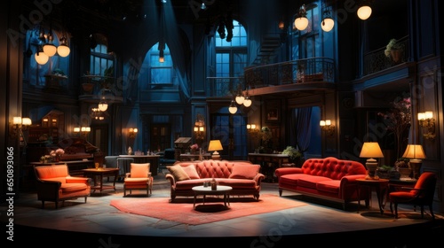 home interior theater set with scenic elements, theatrical lighting and furniture