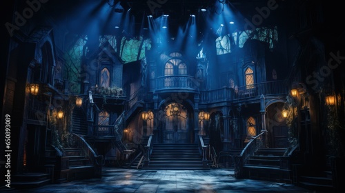 Haunted house or old mansion exterior theater set with scenic elements and theatrical lighting