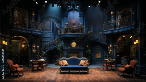 home interior theater set with scenic elements, theatrical lighting and furniture