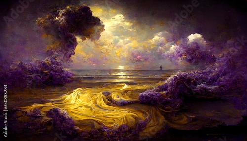 surrealism broken sky filling the ocean with golden sand silver souls drifting away into the void purple and gold color palette haze and gaze bloom and doom  photo