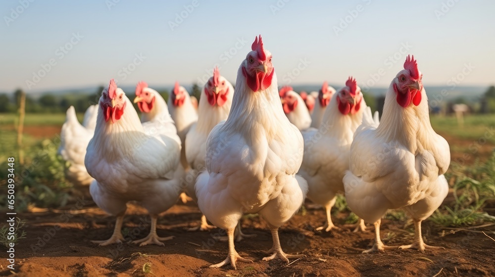 Fototapeta premium Group of chickens standing in field.