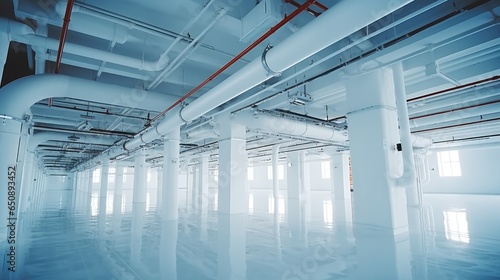 Pipeline inside modern factory  Technical room filled with white pipes  Equipment.