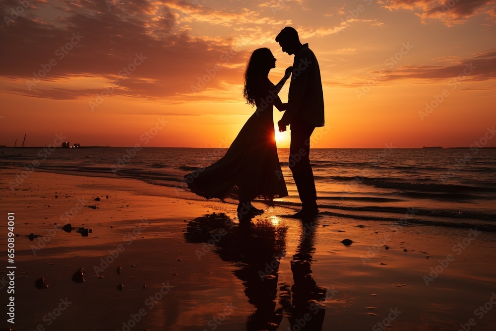illustration of silhouettes of a man and woman hugging on the seashore against the backdrop of sunset