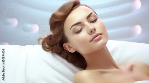 Beautiful young woman relaxing on massage spa treatment  Enjoy in spa salon.