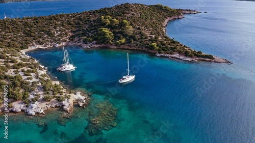 Εκτύπωση καμβά Yachts are moored in a tranquil, picturesque setting on Poros island in the midd