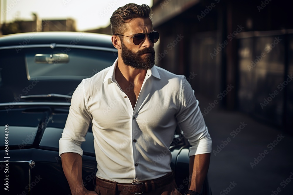 smart bearded man leans on his car