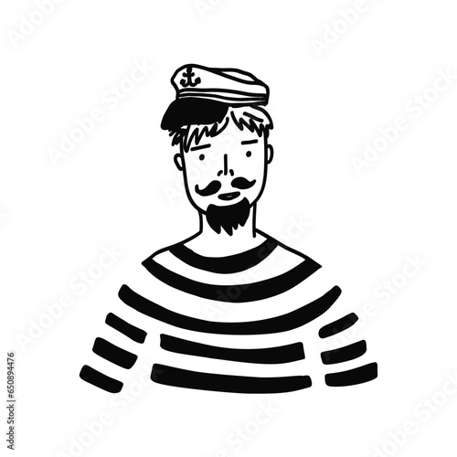 Cute vector black outline doodle sailor man. Funny hand drawn seaman illustration for logo design, tattoo, sticker, marine decor element, textile print