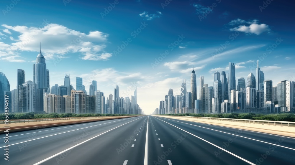 Empty asphalt road with city background.