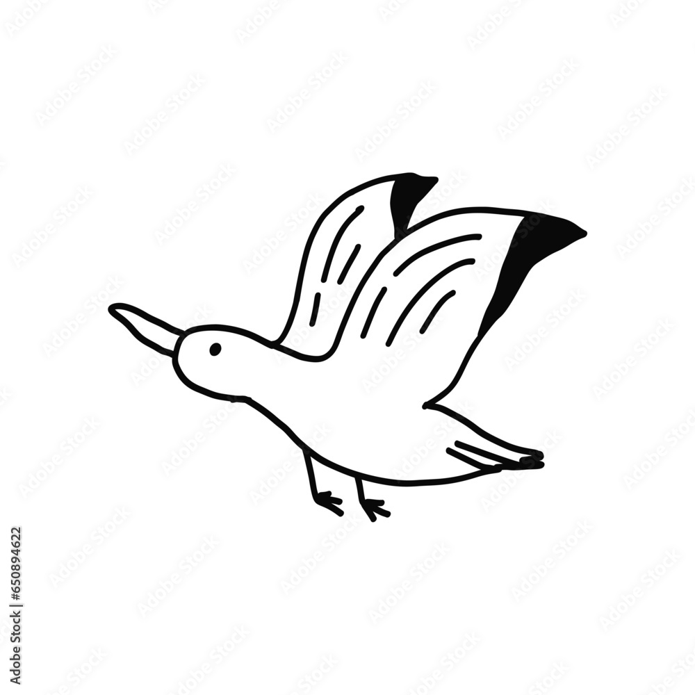 Cute vector black outline doodle flying seagull. Funny hand drawn sea bird illustration for logo design, tattoo, sticker, marine decor element, textile print Cute vector black outline doodle flying seagull. Funny hand drawn sea bird illustration for logo design, tattoo, sticker, marine decor element, textile print