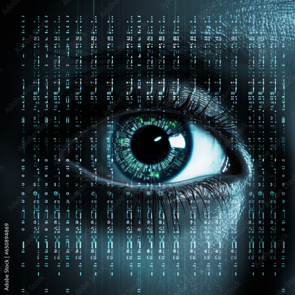 Fotografia con detalle de ojo y pupila cubiertos por lineas de codigo digital de programacion informatica Fotografia con detalle de ojo y pupila cubiertos por lineas de codigo digital de programacion informatica