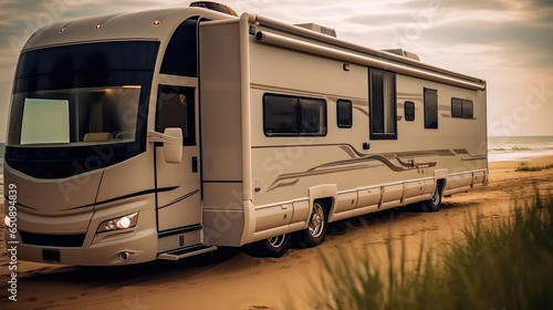 A luxurious motorhome, Expensive luxurious camper motorhome on the beach, Journey concept.