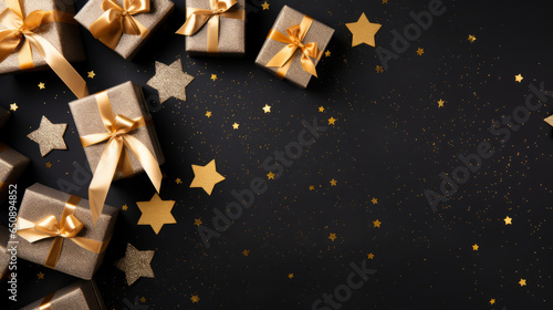 Christmas background with wrapped gift boxes, Christmas baubles over black background. black Friday.