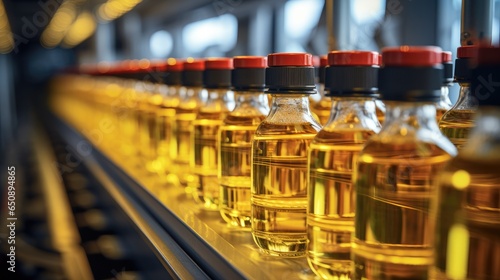Factory production line efficiently filling bottles with refined sunflower seed oil.