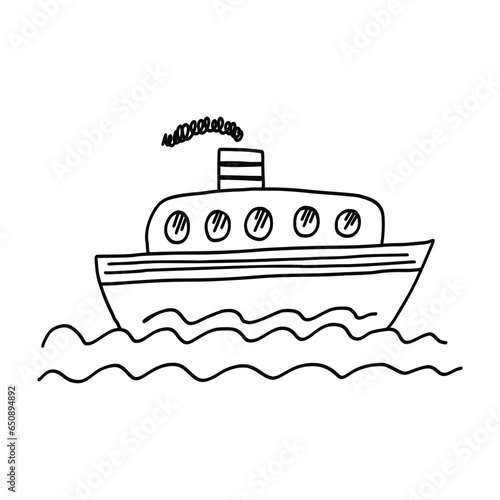 Cute hand drawn black outline doodle ship, steamer, steamboat. Funny sketch sea transport with waves for emblem design, kids books and apps, textile print, logo, tattoo