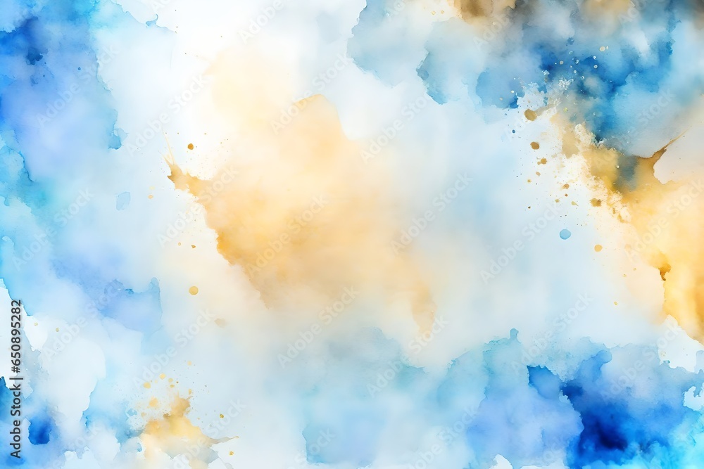 Soft blue and gold watercolor backdrop.