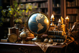 A vintage globe surrounded by books, showcasing global classical influence. Generative Ai.