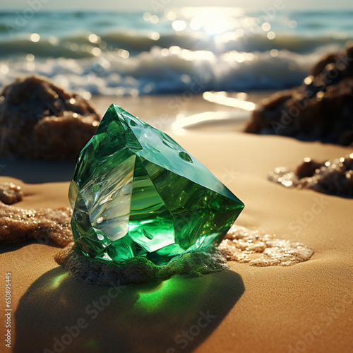 Fotografia con detalle de mineral de color verde esmeralda sobre arena de playa con piedras, olas y reflejos de luz photo