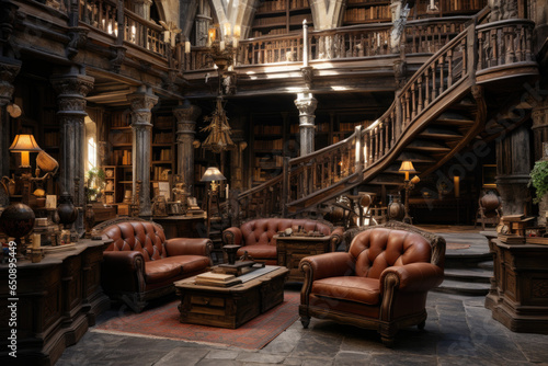 A medieval castle library adorned with classical literature. Generative Ai.