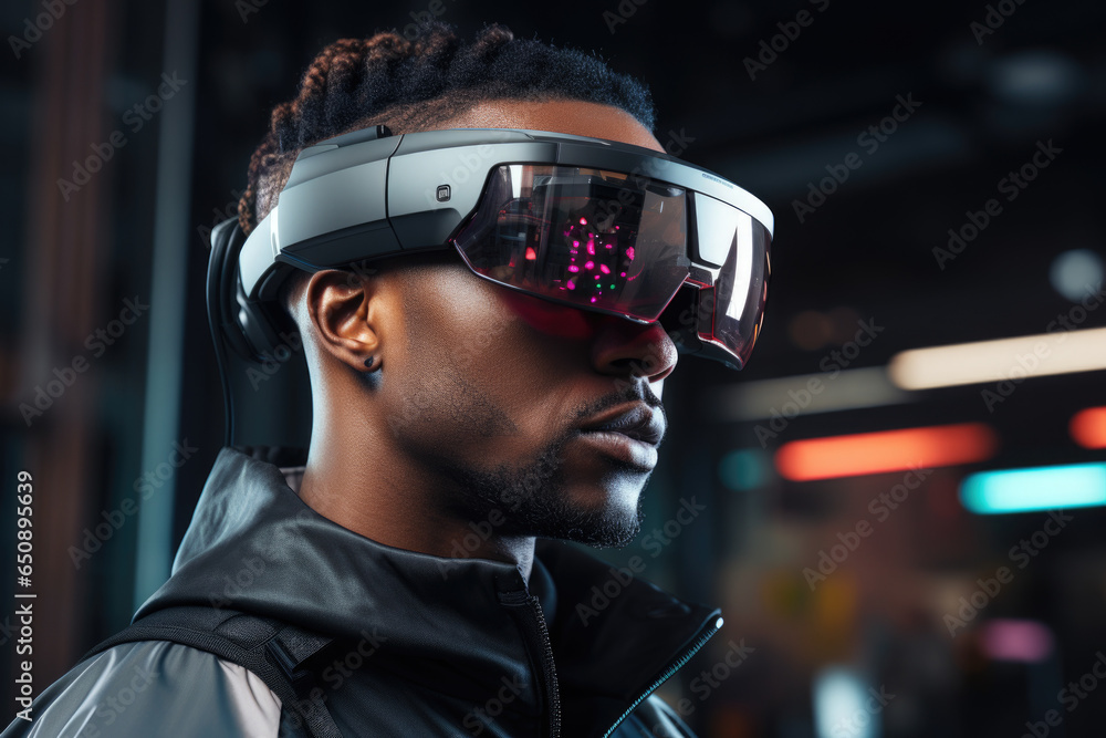 A person wearing AI-enhanced augmented reality glasses for real-time information. Generative Ai. A person wearing AI-enhanced augmented reality glasses for real-time information. Generative Ai.