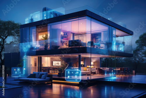 A futuristic smart home with AI-powered devices controlling lighting and temperature. Generative Ai. © Sebastian