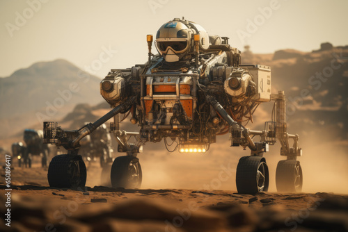 A spacecraft's landing gear deploying before touchdown on Mars. Generative Ai.