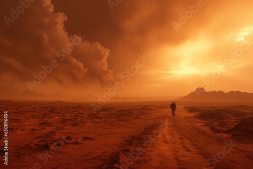 The orange Martian sky during a dust storm. Generative Ai.
