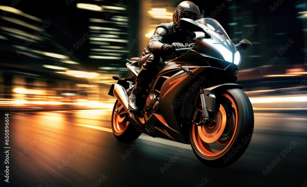 Racing motorcycle biker on city road at night.