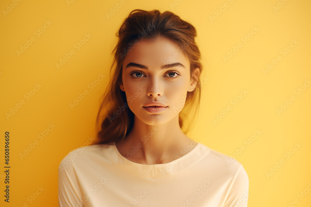 A stylish lady with vibrant multitude of yellow color fashion accessories, takes center stage in a close-up portrait against a lively background. Generative AI. A stylish lady with vibrant multitude of yellow color fashion accessories, takes center stage in a close-up portrait against a lively background. Generative AI.