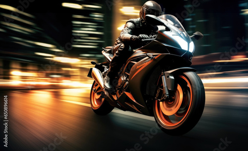 Racing motorcycle biker on city road at night. © visoot